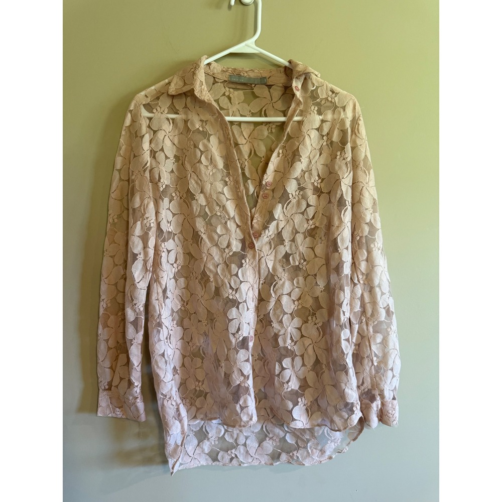 Siberian Sheer Floral Lace‎ Button Down Shirt Pink Peach Long Sleeve PP XS